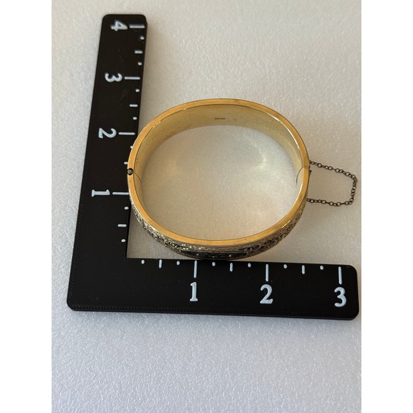 Vintage Gold Filled Etched Black Enamel Bangle Bracelet Fine - Picture 9 of 11